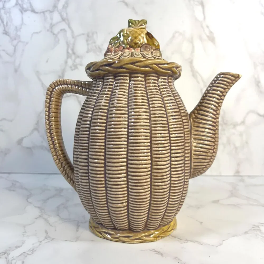 Vintage Tilso Japan Basketweave Teapot, Mid-Century Ceramic Fruit Lid, Retro